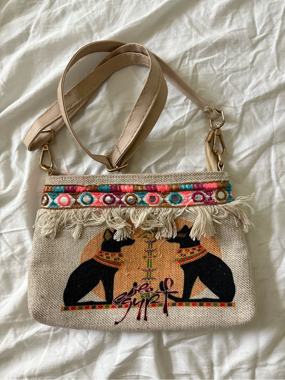 Beige Embroidered Fringe Crossbody Bag with Egyptian Cat Motif